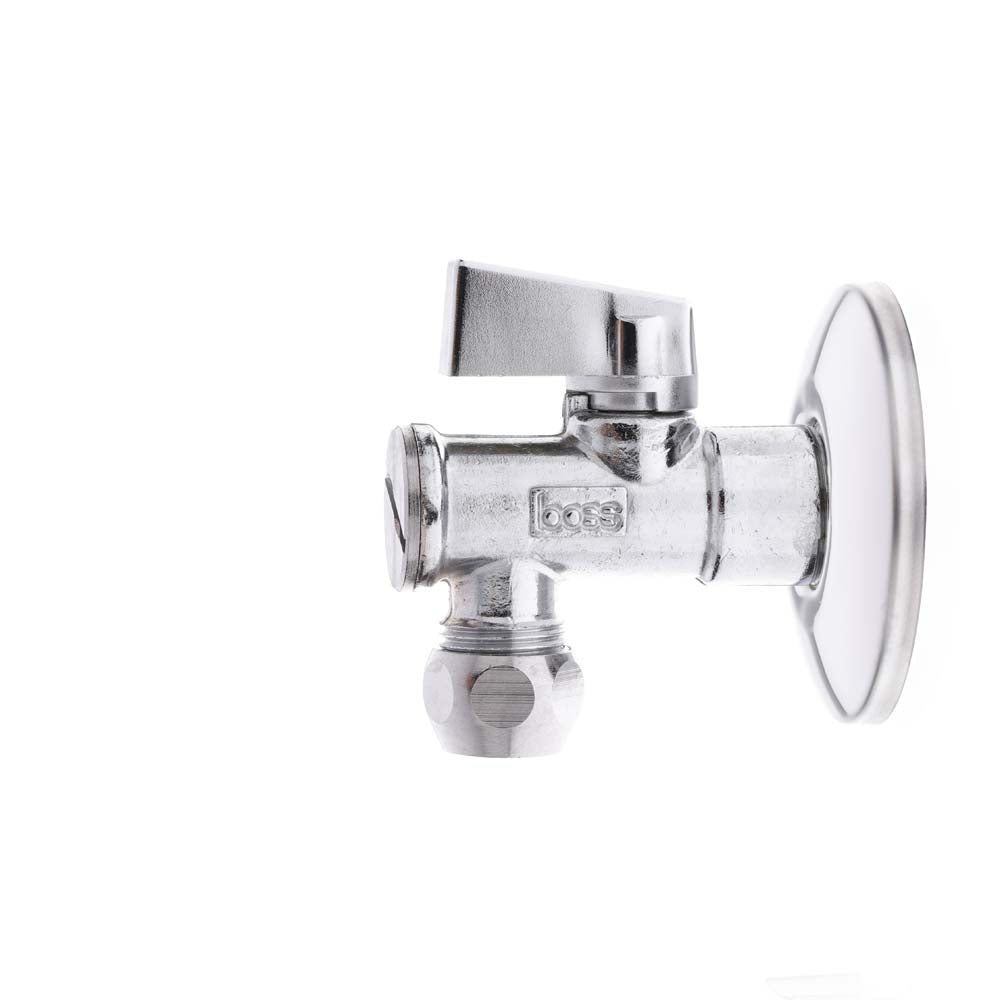 BRASS C.P. ANGLE BALL VALVE WITH STRAINER AND ROSETTE