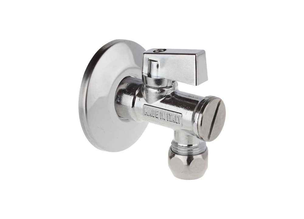 BRASS C.P. ANGLE BALL VALVE WITH STRAINER AND ROSETTE