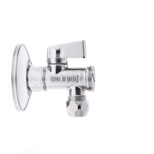 BRASS C.P. ANGLE BALL VALVE WITH STRAINER AND ROSETTE